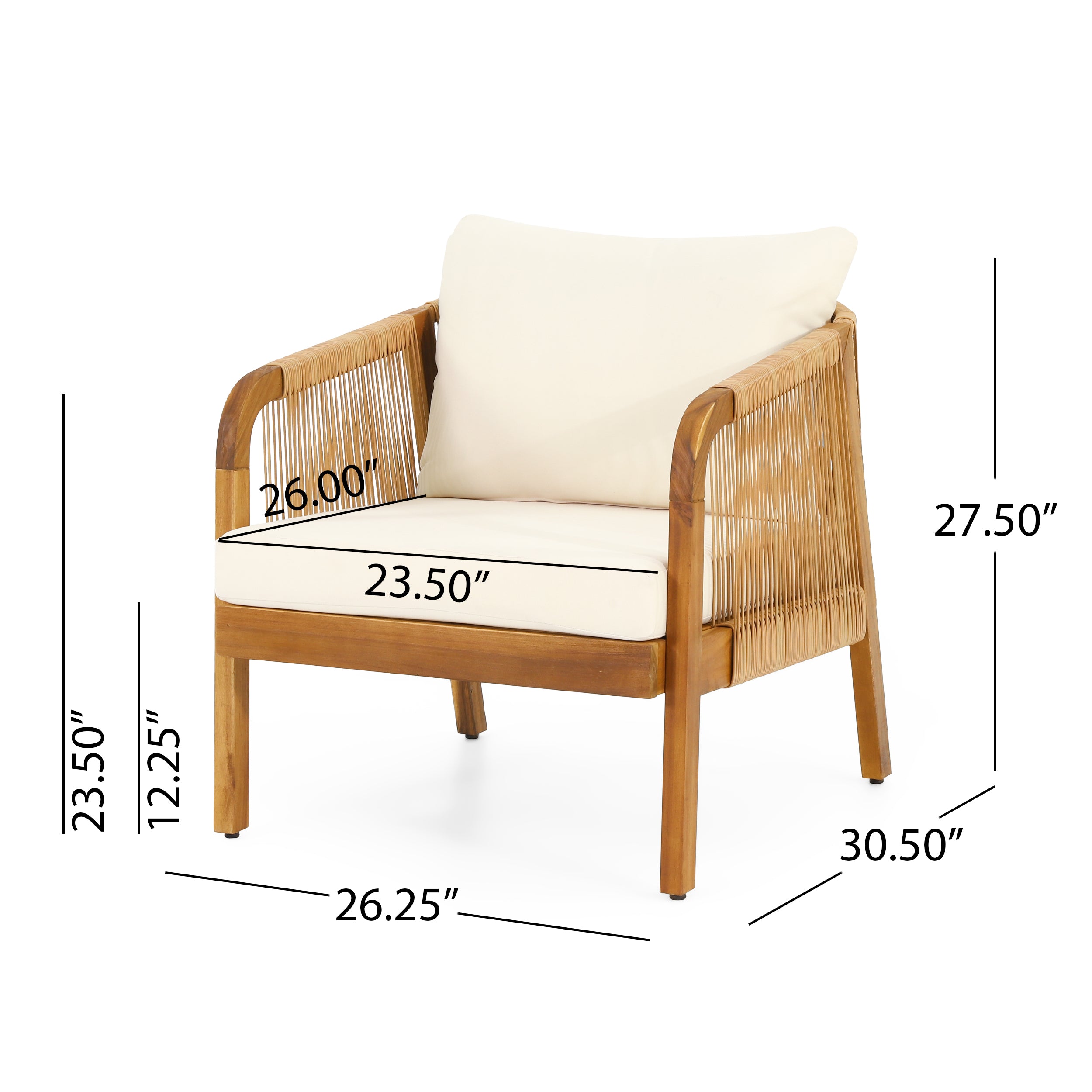 Acacia Wood And Wicker Outdoor Club Chair, Deep Seating With Soft Cushion, Porch Chairs For Garden, Backyard Porch Balcony, Brown & Beige