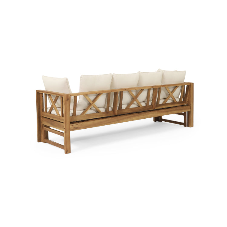Outdoor Extendable Acacia Wood 3 Seater Sofa, Upholstered Cushion Couch, Daybed Sofa Chair, Spacious Seating Lounge Chair, Patio Daybed Sofa For Garden Yard
