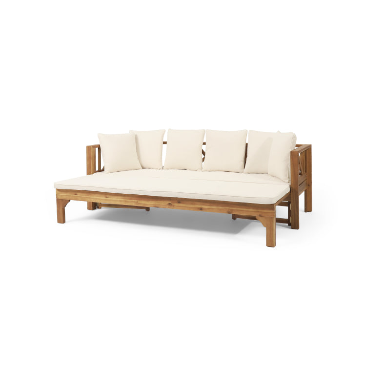 Outdoor Extendable Acacia Wood 3 Seater Sofa, Upholstered Cushion Couch, Daybed Sofa Chair, Spacious Seating Lounge Chair, Patio Daybed Sofa For Garden Yard