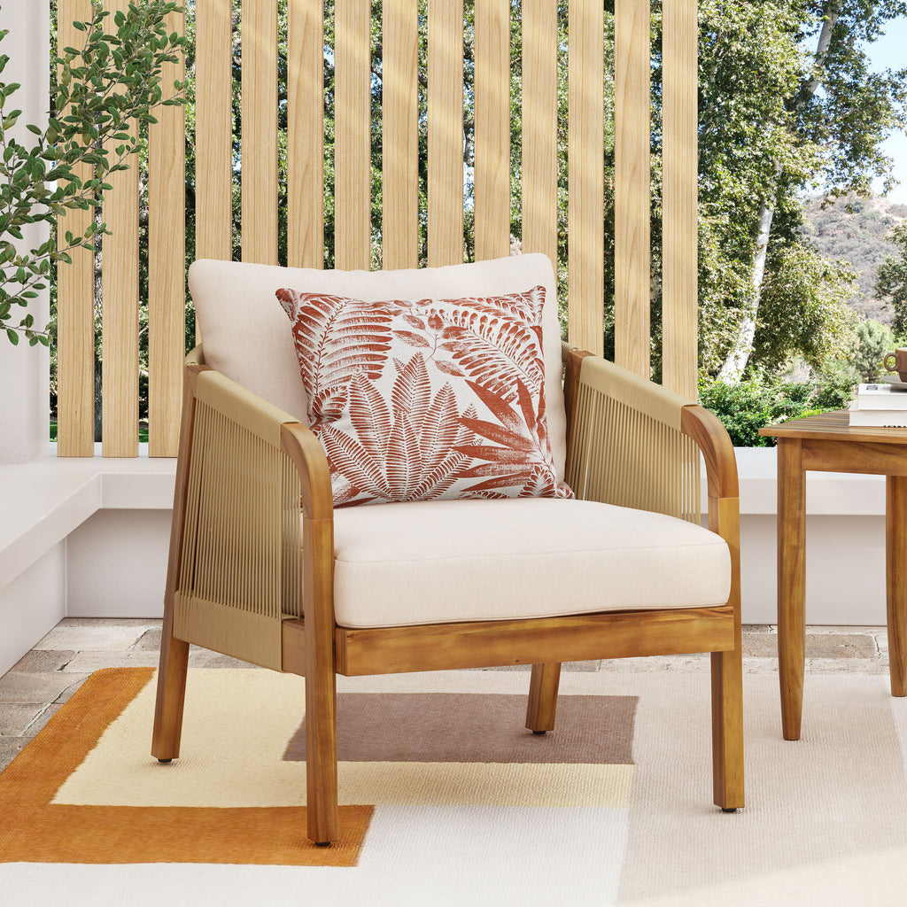 Acacia Wood And Wicker Outdoor Club Chair, Deep Seating With Soft Cushion, Porch Chairs For Garden, Backyard Porch Balcony, Brown & Beige