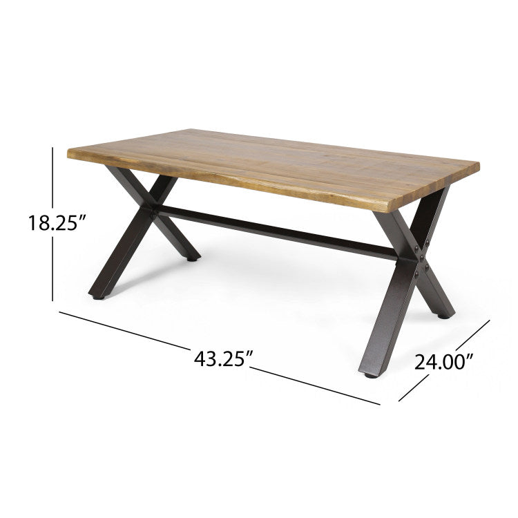 Outdoor Acacia Wood Coffee Table, Teak Finish Rustic Metal,Black And Brown, 18'' H X 27.25'' W X 43.25'' L